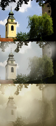 Drei Ansichten eines Kirchturms, die jeweils wie die Sicht durch den grauen Stern und den dichten Nebel getrübt werden.